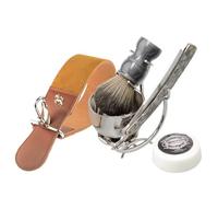 Grandslam Kit de rasage 6 en 1 pour homme, blaireau de rasage végétalien, support de blaireau en acier inoxydable et bol de rasage, cuir à raser, savon à raser, cadeau pour père, mari, homme