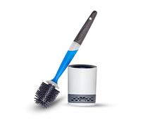 GranFore Brosse WC en silicone avec distributeur de nettoyage et pierre d'aspiration neutralisant les odeurs - Résistant aux bactéries, design élégant - Avec support mural - Blanc/gris