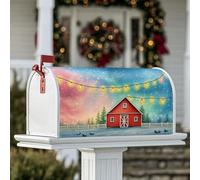 Grange - Housse de boîte aux lettres magnétique, guirlande lumineuse festive rustique, arbres, couverture de boîte aux lettres d'hiver rouge saisonnière pour décoration de jardin, terrasse, 53,3 x