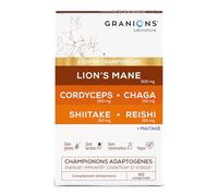 GRANIONS - Complexe Super Champignons Adaptogenes - LIONS MANE + CHAMPIGNONS CORDYCEPS + reishi + chaga + shiitake + maitake - energie immunite cognition stress - vegan 60 comprimes - 1 MOIS