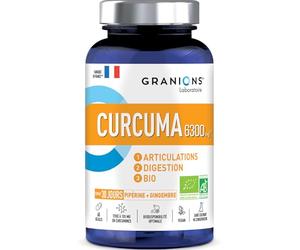 GRANIONS - Curcuma 6300 mg Bio - Articulations & Digestion - Curcumine 105 mg + Gingembre +Dginger + Poivre Noir Pipérine - Complément Alimentaire Bio Articulations - Adultes - 60 Gélules