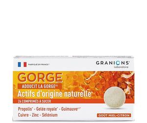 GRANIONS Gorge | Complement alimentaire | Mal de gorge, fonctionnement normal du système immunitaire | Propolis + Gelée royale + Guimauvre | Goût miel-citron | Marque FR | 24 comprimés
