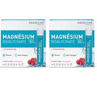 GRANIONS Magnesium Bisglycinate 360 MG - Magnesium Bisglycinate Haute Assimilation + Vitamine B6 - Anti Stress Adulte, Anti Fatigue Puissant - Sans Sucre & Vegan - 10 Shots - Goût Framboise (Lot de 2)