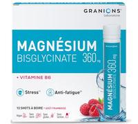 GRANIONS Magnesium Bisglycinate 360 MG - Magnesium Bisglycinate Haute Assimilation + Vitamine B6 - Anti Stress Adulte, Anti Fatigue Puissant - Sans Sucre & Vegan - 10 Shots - Goût Framboise