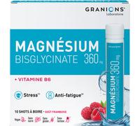 Granions Magnésium Bisglycinate 360mg Vitamine B6 Anti-Stress Goûts Framboise 10 Shots