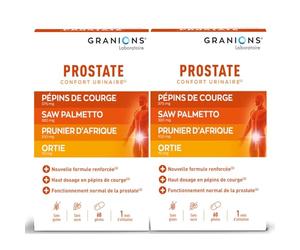 GRANIONS Prostate, Contribue au bon fonctionnement de la prostate, Pépins de Courge, Ortie, Prunier d’Afrique, Formule brevetée et renforcée, 2x60 Gélules