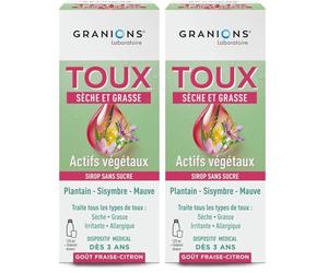 GRANIONS SIROP TOUX - 4 en 1 - Sans Sucres - Sirop Toux Seche et Grasse - Formule naturelle sans contre-indications - Extrait de Plantain - Dispositif médical - Dès 3 ans | Goût Fraise-Citron - 120 mL