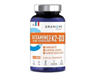 GRANIONS VITAMINE D3 K2 MK7 - Vitamine D3 2000 UI + K2 200 mg - Complement Alimentaire Vegan pour la Santé des Os et du Cœur - Système Immunitaire - Sans Gluten, 60 comprimés -2 MOIS
