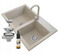 Granitan - Double évier en granit beige avec robinet de cuisine BETA et siphon chromé - Design moderne - 80 x 50 cm - Qualité supérieure