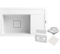 Granitan Évier de cuisine en granit 81x50,5x22 cm - Lavabo pour cuisine avec bouchon de vidange moderne - Évier en granit élégant avec égouttoir - RENDO - Évier encastrable avec siphon - Blanc