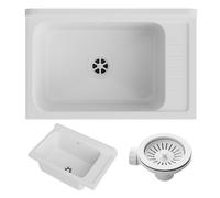 Granitan Lavabo universel pour garage, cave, atelier et buanderie, avec siphon, lavabo mural pour installation intérieure et extérieure, 58 x 38 x 26,7 cm, blanc