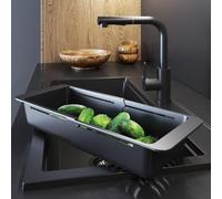 GRANITAN Passoire Évier 46 cm Réglable, Noir | Tamis Cuisine, Plastique Robuste, Fruits et Légumes, Évacuation, Filtre Évier