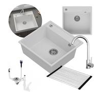 GranMaster - Évier en granit blanc - 53 x 50 x 20,4 cm - Avec batterie en acier avec bec en forme de U - Tapis d'égouttement déroulable et siphon peu encombrant avec trop-plein - Design moderne pour