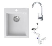 GRANMASTER Ivo Évier Cuisine Granit 1 bac avec robinet, siphon sans égouttoir - Evier de cuisine résistant à la saleté, antibactérien - assemblage facile 40x50x19,2cm - Evier cuisine Blanc