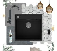 Granmaster Magma Évier en granit - Ensemble complet avec robinet en acier inoxydable noir, siphon, distributeur de savon, imprégnant - évier monocouche résistant aux rayures et à la chaleur