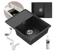 GRANMASTER SMUUD Évier en granit avec siphon manuel Space Saver et agent d'imprégnation - Évier 1 pièce résistant aux rayures, résistant à la chaleur, design moderne