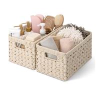GRANNY SAYS Panier Rangement Osier en Plastique, Lot de 2 Paniers et Boîtes de Rangement avec Poignées, Paniers de Décoration, Panier Osier Rectangulaire, Panier Rangement Salle de Bain, Blanc