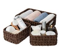 GRANNY SAYS Panier Rangement Osier en Plastique, Lot de 3 Paniers et Boîtes de Rangement avec Poignées, Paniers de Décoration, Panier Osier Rectangulaire, Panier Rangement Salle de Bain, Marron