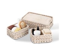 GRANNY SAYS Panier Rangement Osier en Plastique, Lot de 3 Paniers et Boîtes de Rangement avec Poignées, Paniers de Décoration, Panier Osier Rectangulaire, Panier Rangement Salle de Bain, Blanc