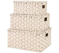 GRANNY SAYS Paniers Rangement Osier avec Couvercles, Lot de 3 Paniers et Boîtes de Rangement, Paniers de Décoration, Panier Osier Rectangulaire, Panier Rangement Salle de Bain, Blanc