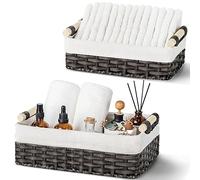 GRANNY SAYS Paniers Rangement Osier, Lot de 2 Paniers et Boîtes de Rangement avec Poignées en Bois, Panier Papier WC Décoration, Panier Osier Rectangulaire, Panier Rangement Salle de Bain, Marron