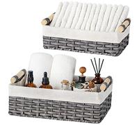 GRANNY SAYS Paniers Rangement Osier Rectangulaire, Lot de 2 Paniers et Boîtes de Rangement avec Poignées en Bois, Panier de Rangement Osier Décoration, Panier Rangement Salle de Bain, Gris