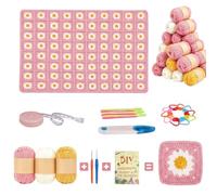 Granny Square Kit de crochet complet pour débutant avec fil à crochet | Aiguilles à crochet et accessoires, couverture de marguerites à faire soi-même, kit de crochet pour adultes et enfants (rose)