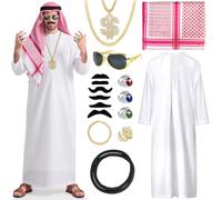 Grantop Costume de cheikh pour homme, 16 pièces, costume arabe pour adulte, robe arabe avec foulard, lunettes de soleil, collier, bagues, costume oriental, costume oriental pour carnaval, fête cosplay