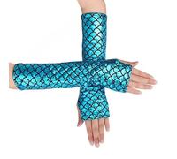 Granvoo 1 Paire Gants Adulte Sirène, Cosplay Gant Sans Doigts, Long Gants Brillants en Écailles, Bras de Sirene Manches pour Femmes Filles Halloween Carnaval Fête Bal Accessoires Costume (Bleu, 1)