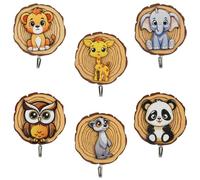 Granvoo 6 Pièces Crochet Adhesif Mural Bois Enfant, Patere pour Vêtements Muraux, Porte Manteaux pour Animaux Mignons, Porte Autocollant pour Chapeaux Sacs à Dos Serviette Robe, Sans Perçage
