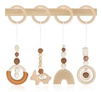 Granvoo Arche de Jeux Bébé en Bois, 4 Pièces Jouets Eveil pour Poussettes, Arche Portique Eveil Bebe, Jouet Naissance Cadeaux 3 6 12 Mois pour Siège de Bébé Landau, Marron