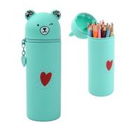 Granvoo Trousse 2 en 1 en Silicone, Verticale Cartoon Trousse, Ours Trousse à Crayons Scolaire, Porte-Stylo de Table Kawaii, Sac de Papeterie de Bureau pour Étudiant Scolaire Cadeaux Rentré (Vert)