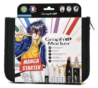 GRAPH’IT Marker trousse Essentiels Manga de 12 marqueurs à alcool double pointe pour dessin de manga et illustration, pointe fine et biseautée +3 liners noirs +1 marqueur blanc +1 trame manga A6