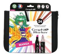GRAPH’IT Trousse 24 Marqueurs Alcool Double Pointe - Set Manga - Pointe Fine et Biseautée - Illustration, Rough, Scrapbooking et Coloriage - Kit Dessin Complet, Couleurs - Adulte, Enfant