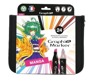 GRAPH’IT Trousse 24 Marqueurs Alcool Double Pointe - Set Manga - Pointe Fine et Biseautée - Illustration, Rough, Scrapbooking et Coloriage - Kit Dessin Complet, Couleurs - Adulte, Enfant