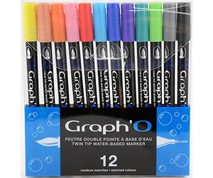GRAPH’O Set de 12 feutres à base d’eau double pointe pour le dessin, l’illustration et l’aquarelle, pointe extra fine 0,5 mm et pointe pinceau souple