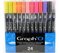 GRAPH’O Set de 24 feutres à base d’eau double pointe pour le dessin, l’illustration et l’aquarelle, pointe extra fine 0,5 mm et pointe pinceau souple