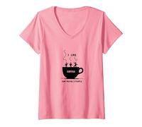 Graphique Amusant « I Like Coffee and Maybe 3 People » T-Shirt avec Col en V, Femme, Rose, M