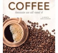 Graphique Calendrier mural 2024 café | 30,5 x 30,5 cm | Papier épais | Organiseur de maison et de bureau | Grande grille mensuelle | 3 langues et jours fériés marqués | Page d'aperçu de 4 mois pour