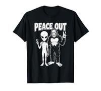 Graphique de Dessin animé rétro Alien and Bigfoot Peace Hand Gesture T-Shirt