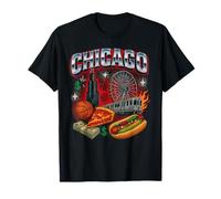 Graphique de Hot-Dog DeepDish Pizza dans Le Paysage Urbain de Chicago T-Shirt
