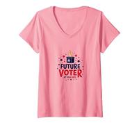 Graphique électoral de USA Kids Future Voter Patriotic Stars T-Shirt avec Col en V, Femme, Rose, XL