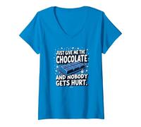 Graphique Humoristique Just Give Me The Chocolate Food Lover T-Shirt avec Col en V, Femme, Saphir, L
