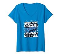 Graphique Humoristique Just Give Me The Chocolate Food Lover T-Shirt avec Col en V, Femme, Saphir, XXL