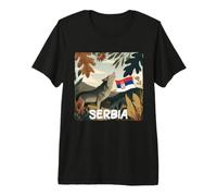 Graphique Loup Serbe Hurlant en Serbie Nature avec Drapeau T-Shirt Haut de Gamme