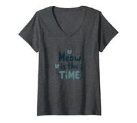 Graphique Meow is The Time Cat Lover T-Shirt avec Col en V, Femme, Chiné Foncé, S