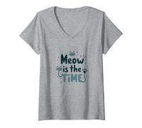 Graphique Meow is The Time Cat Lover T-Shirt avec Col en V, Femme, Gris Chiné, S