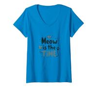 Graphique Meow is The Time Cat Lover T-Shirt avec Col en V, Femme, Saphir, M