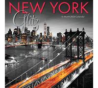 Graphique Mini calendrier mural 2024 New York Glitz | 17,8 x 17,8 cm | Papier épais | Organiseur de maison et de bureau | Grande grille mensuelle | 3 langues et jours fériés marqués | Page d'aperçu de