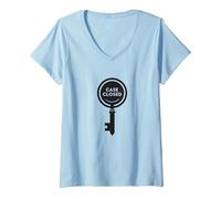 Graphique mystère de détective à clé fermée, T-Shirt avec Col en V, Femme, Bleu Céleste, M